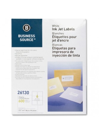 Business Source Mailing Inkjet Label, BSN26130, 3.33" x 4", Rectangle, White, Pack of 600